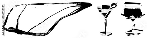 Stylized martini glass with olive, fragmented cocktail shapes, graphic vector art, modern bar design, beverage.