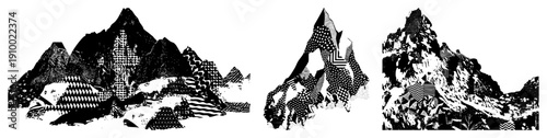 Stylized mountain peaks rendered in bold black and white, featuring repeating geometric, halftone textures, and sharp angular forms, ideal for graphic design or print.