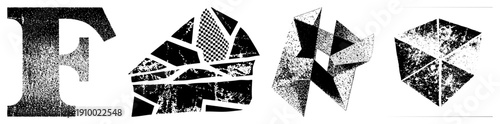 Stylized fragmented letters with halftone grain, abstract typography, graphic design elements, vector art, geometric composition.