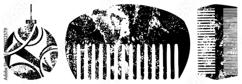 Three stylized combs with distressed texture, abstract hairbrush, retro grooming tools, black and white vector art, vintage aesthetic.