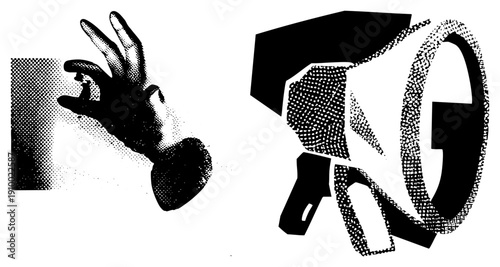 Stylized hand gesturing toward megaphone, protest symbol, communication, graphic illustration, black and white halftone, activist, public announcement.