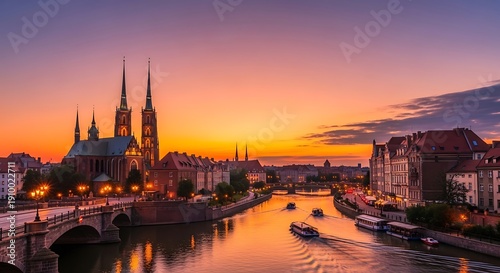 Cityscape at sunset river and buildings silhouetted against colorful sky