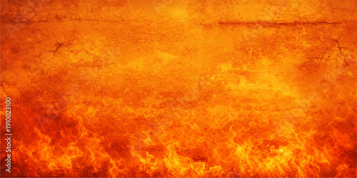 Vibrant orange and red fire flames dance across a hot grunge texture background featuring a vintage burning paper pattern with smoke and yellow light art