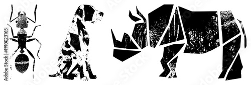 Stylized ant, dog, and rhino rendered as fragmented black shapes with textured fills, vector art, graphic design, isolated foreground elements.