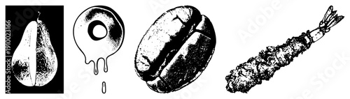 Black and white halftone graphic of food items pear with stem, donut with drip, coffee bean, tempura shrimp. Vector art, isolated elements, food, stylized textures.