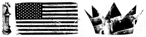 Distressed black and white vector American flag, ornate, jagged crown. Vintage, gritty, symbolic. Ideal for political, historical, or design.