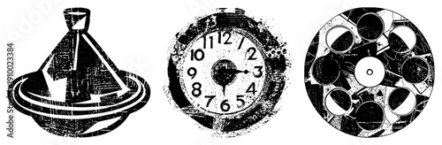 Grungy vector illustrations of Moroccan tagine, analog clock, and film reel,, distressed texture, isolated symbols, retro design, graphic elements.
