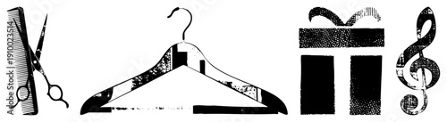 Classic barber scissors and comb, wooden coat hanger, gift box with bow, treble clef symbol, vector for salon or music themes.