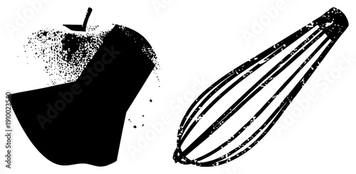 Stylized silhouette with halftone texture, paired with whisk, graphic design elements, food, vector art.