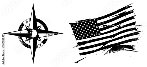 Grunge style compass rose with cardinal points and distressed American flag, both in, ideal for or navigation themed designs.