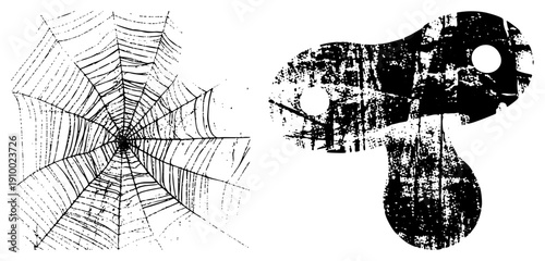Detailed spider web with radial symmetry, textured mushroom silhouette, vector graphic, isolated elements, Halloween decor, nature motifs, black and white illustration.