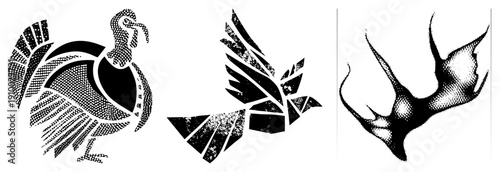 Three abstract bird designs rendered in halftone and fragmented shapes, vector art, graphic symbols, isolated avian motifs, modern illustration.