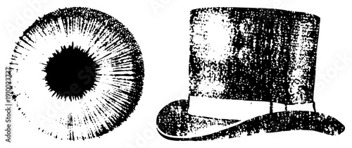 Classic top hat with ribbon band, stylized eye with radiating, vector art, retro illustration, graphic design element.