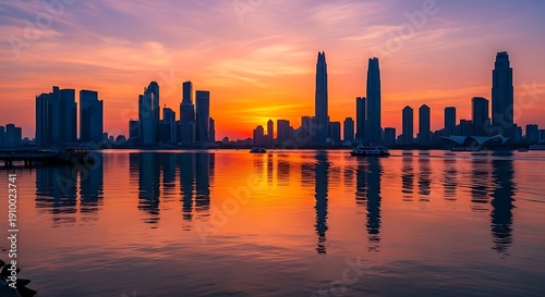 Cityscape at sunset silhouette of urban skyline reflecting in calm water
