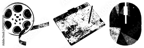 Retro film reel with tape, digital drawing tablet with stylus, computer mouse with scroll wheel, vector, creative tools, graphic design equipment.