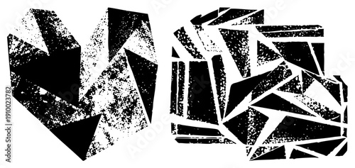 Fragmented polygonal forms with gritty halftone texture, abstract composition, graphic design elements, vector art, aesthetic, modern art motifs.