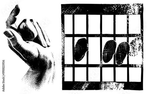 Hand reaching through barred window with smudged fingerprints, halftone texture, prison motif, isolated vector graphic, stylized gesture, security barrier, tactile detail.