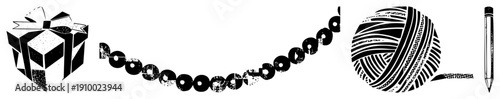 Black and white vector of gift, beads, yarn, pencil creative craft tools, isolated design elements, artistic supplies, studio essentials.