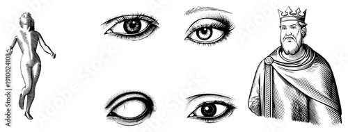 Classic engraved style depicting human anatomy, regal figure with crown, and expressive eyes, rendered in halftone technique.