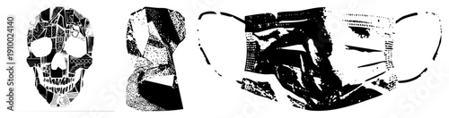 Graphic vector art featuring skull, mask, and hand in halftone style, black and white, fragmented shapes, isolated design elements, digital illustration.
