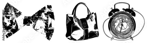 Classic bow tie with textured, elegant handbag with straps, retro alarm clock with spiraling hands all in vector style.