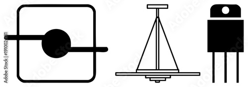 Vector of toggle, sailboat model, and transistor, minimalist black, isolated technical symbols, schematic design, engineering graphics.