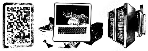 QR code scanning connects to laptop displaying digital landscape, to server rack infrastructure, tech workflow, data transfer, digital communication.