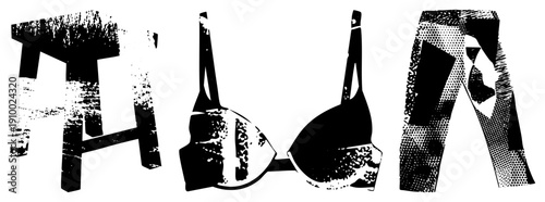 Graphic vector trio stool, lingerie bra, and pants, rendered in high contrast halftone style, isolated elements for design use.