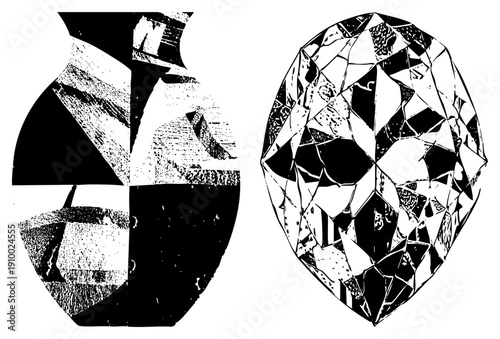 Two stylized vessels rendered in high contrast halftone, one vase like, one faceted oval, both with fragmented textures and bold black and white graphic style.