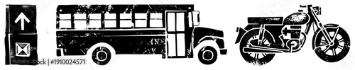Stylized black vector of a classic school bus, vintage motorcycle, and directional sign with arrow, all in distressed stencil style. Road transport symbols, urban signage, retro graphic design.