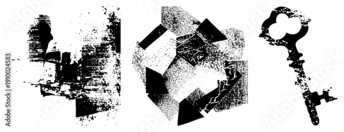 Vector graphic featuring fragmented geometric forms, halftone dot, and a stylized key silhouette, rendered in with distressed texture.