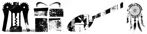 Black vector of corkscrew, gift box, guitar, dreamcatcher, distressed texture, isolated symbols, graphic design elements.