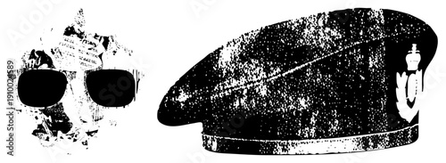 Graphic skull wearing sunglasses, glitched texture, paired with beret featuring crown insignia, halftone vector art, military headwear, punk aesthetic.