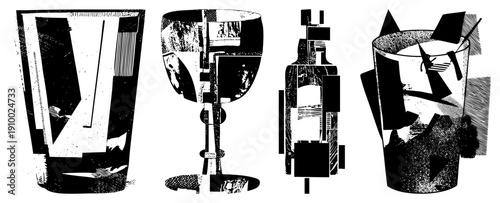 Stylized glass vessels with fragmented shapes, halftone textures, and bold black and white contrast, abstract composition, graphic design elements.