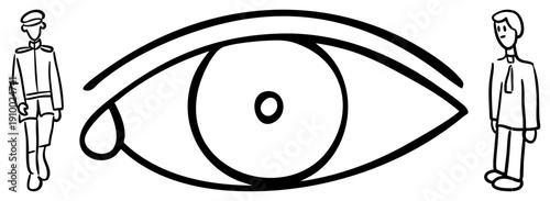 Large stylized eye watching two figures, surveillance concept, watchful gaze, monitoring symbol, security, observation graphic, watchful eye.