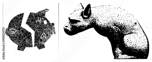Split piggy bank with geometric, cat profile in dot matrix shading, minimalist vector design, financial symbolism, animal silhouette, art.