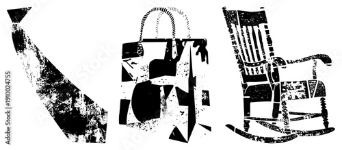 Distressed black and white vector of a necktie, tote bag, and rocking chair with gritty texture, ideal for retro branding or minimalist design projects.