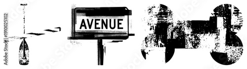 Weathered “AVENUE” street sign, abstract geometric forms, halftone texture, urban graphic elements, stylized typography, distressed design.