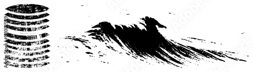 Abstract wave crashing with textured strokes, stacked circular discs with grunge effect, bold black silhouette, graphic design element, isolated foreground.