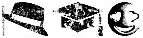 Retro styled hat, academic cap, and smiling emoji with heart eyes, vector, distressed texture, symbolic symbols, graphic design elements.