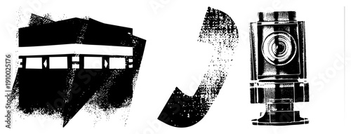 Retro camera and telephone rendered in halftone dot, vector graphic, isolated symbols, communication tools, classic design elements.