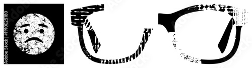 Frowning emoji with distressed texture, paired with fragmented eyeglasses, vector graphic, isolated elements, digital art, flat design, emotional.