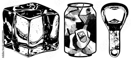 Stylized halftone render of chilled ice cube, beverage can, and bottle opener, isolated vector, graphic design elements, illustration.