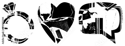 Distressed black and white vector engagement ring, broken heart, speech bubble. Graphic design elements with halftone texture, glitch art, and fragmented shapes for digital or print use.