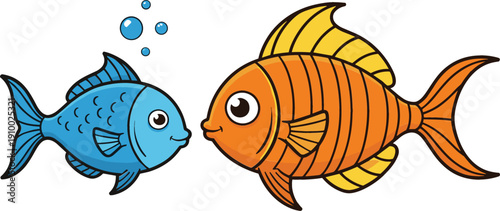 Vector illustration of a small blue fish with bubbles and a large orange striped fish