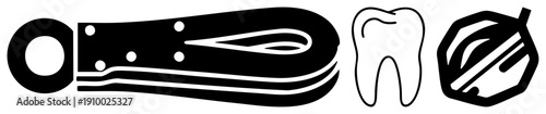 Black vector of dental pliers, tooth, and dental drill, medical symbols, health tools, clinical equipment, hygiene.