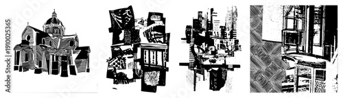 Geometric building fragments with halftone textures, urban abstract composition, architectural collage, graphic design element, black and white vector art.