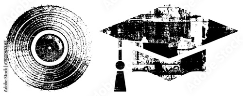 Stylized vinyl record and academic cap, distressed halftone texture, educational and music themes, vector design, isolated graphic elements.