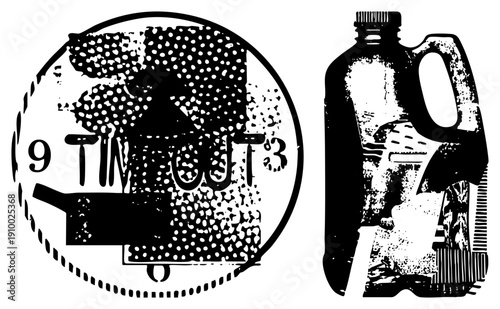 Retro style clock with “9 TIMEOUT 3” text and halftone texture, paired with distressed plastic jug, both in bold black and white vector art.