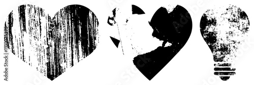Distressed black heart shapes, broken heart silhouette, lightbulb, gritty texture, vector graphic, emotional symbols, conceptual design.